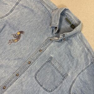 VTG Cross Country Denim Button-Down Shirt with Embroidered Aztec Med 3/4 Sleeve